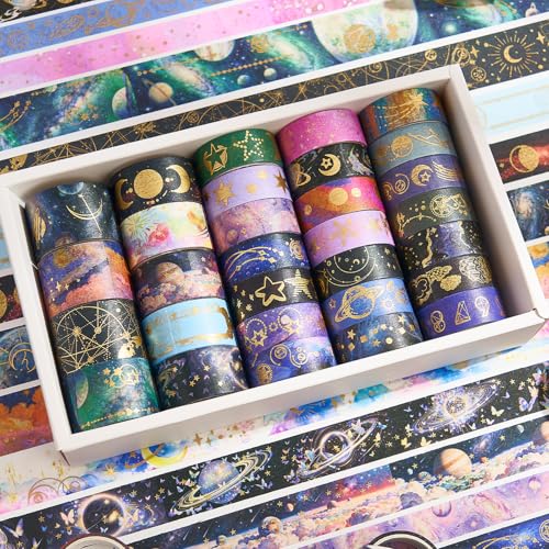 Gold Foil Washi Tape Set 30 Rolls,Decorative Masking Tape for Junk Journal, Scrapbooking Supplies, DIY Crafting Supplies - style: Galaxy