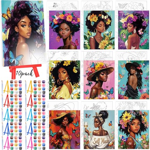 Blosssound 10 Set Pre Printed Canvas Pre Drawn Canvas Painting with Easel Kits 5" x 7" Outline Painting Panels for Beginners, DIY Craft Project, Party Favor, Home Decors(Flower Lady) - style: Flower Lady