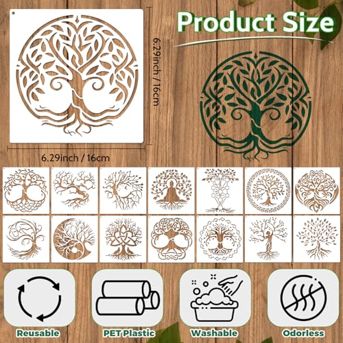 15Pcs 6 x 6 Inch Tree of Life Stencil, Reusable Stencils for Painting on Wood Decoration Painting Templates for Wall Floor DIY Decorations Christmas Gifts for Kids - style: Tree of Life