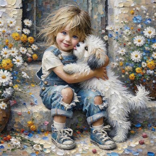 5d Diamond Painting Kit For Adults, Diamond Art Kits For Beginners DIY Full Drill Diamond Art 14x14 Inch Cute Blonde Child Hugging Fluffy Puppy - color: FYZZ-150