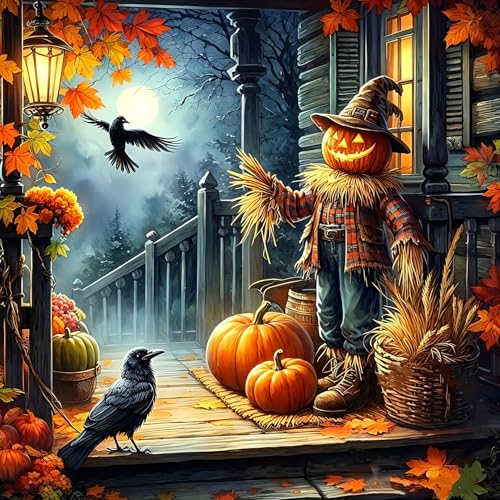 AWLNKMC Fall Scarecrow Crow Leaf Diamond Art Painting Kits for Adults, Diamond Painting Kits for Adults Beginners, 5D DIY Full Drill Diamond Dot Gem Art Kits for Adult, Home Wall Decor 13.8x13.8 Inch - color: Halloween Scarecrow crow Pumpkin