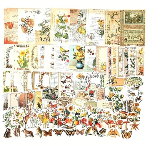 Esweny 200PCS Vintage Scrapbooking Supplies Kit for Journaling, Scrapbook Sticker Paper Pack for Junk Journal Planners Aesthetic Cottagecore Room Decor Wall Art Collage Album - style: Yellow Series