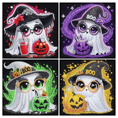 4 PCS Halloween Diamond Art Painting Kit for Kids, Ghost Diamond Art Kits | 5D Gem Rhinestone Full Drill Gem Painting Crafts for Beginners Girls Boys Ages 8-9-12 for Home Wall Decor (6x6 inch) - color: CC1209+CC1210+CC1211+CC1212