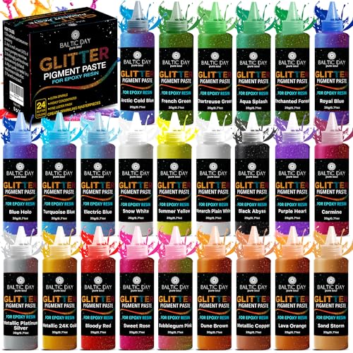 BALTIC DAY 24 Color Pigment Paste for Epoxy Resin Set [ Glitter Series ] – Opaque Epoxy Pigment, Epoxy Dye Paste & High Concentration Mica Powder for Resin Art, Jewelry, Tumblers, Coasters & Crafts - color: 24 Glitter Colors