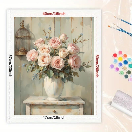 Still Life Paint by Numbers Kit for Adults - DIY Pink Roses in Vase Painting on Canvas 16x20 Inches, Acrylic Paint Set, Suitable for Beginners, Art for Home Decoration or Gifts - color: HSX00322, size: 16X20IN Folded