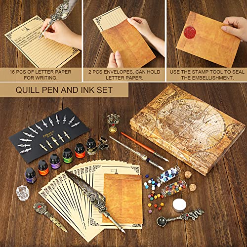 Quill Pen Ink Set, With Quill Pen, Wooden Dip Pen, Glass Dip Pen, 6 Bottles Ink, 16 Letter Paper, 2 Envelopes, 17 Nibs, Pen Holder,2 Bottles Fire Lacquer Wax, Stamp, Spoon, White Wax, Cup(Grey) - color: Grey