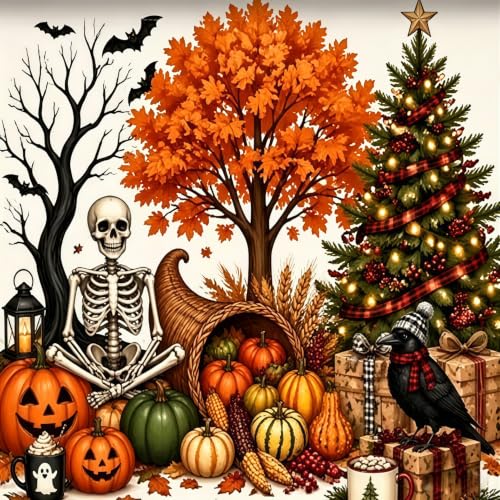 Halloween 5D Diamond Painting Kit for Adults,Fall Holiday Diamond Art Kits | DIY Full Round Drill Skeleton Pumpkin Crow Gem Painting Paint by Diamonds Craft for Home Wall Decor 12x16inch - color: KM1268-1