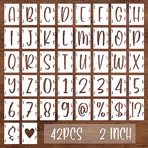 BAMIDELE 2 Inch Alphabet Letter Stencils, 42 Pcs Reusable Plastic Letters Numbers Symbol Interlocking Drawing Template Kit for Painting on Wood, Fabric, Rock, Chalkboard, Door Porch, Wall, Signage - size: 2 Inch