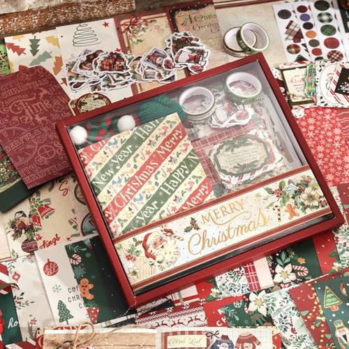 Christmas Scrapbooking Supplies Kit, Aesthetic New Year Festival Scrapbook Kits for Bullet Junk Journal, Stationery, Notebook, DIY Cute Journaling Supplies, Craft Christma Gift for Teen Girl Women - color: Merry Christmas and New Year