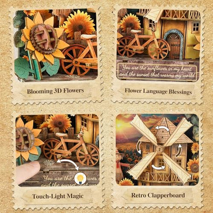 3D Puzzles for Adults Sunset Windmill Wooden Bloom Craft with LED Light - color: Sunflower-1