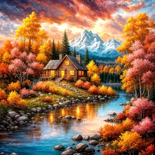 LKHMVCA Fall Landscape Mountain Lake Paint by Numbers Kit for Adults, DIY Paint by Numbers Kits for Adults Beginners Without Frame, Acrylic Paint Canvas Painting Kits Art for Home Decor 16x16 Inch - color: Fall Mountain Lake