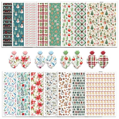 15 Pcs Christmas Transfer Paper for Polymer Clay, Xmas Trees, Snowman, Poinsettia，Jingle Bells, Gingerbread Water Soluble Transfer Sheets for Polymer Clay DIY Art Jewelry Earrings Making 5.82X3.93in