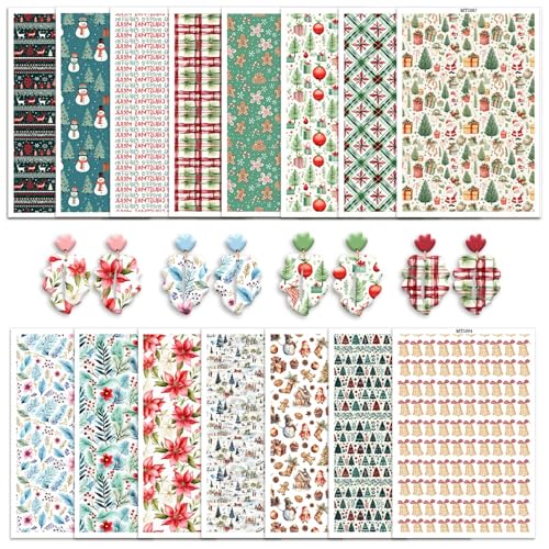 15 Pcs Christmas Transfer Paper for Polymer Clay, Xmas Trees, Snowman, Poinsettia，Jingle Bells, Gingerbread Water Soluble Transfer Sheets for Polymer Clay DIY Art Jewelry Earrings Making 5.82X3.93in