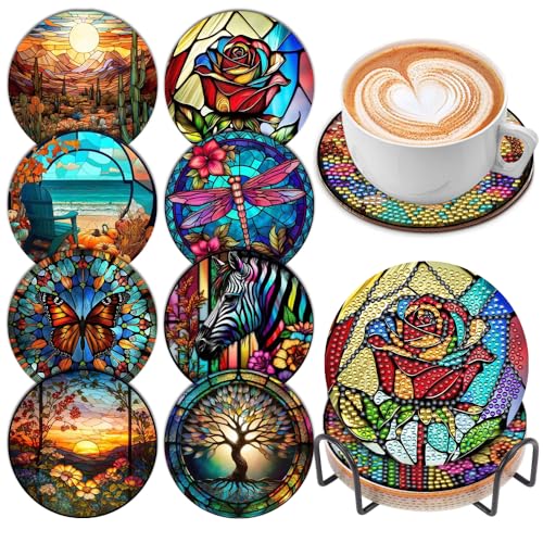 8 Pcs Diamond Art Painting Coasters with Holder, DIY Colorful Glass Stain Diamond Art Painting Kits for Beginners, Diamond Craft Supplies for Adults Kids Coasters Gift - color: Colorful Glass