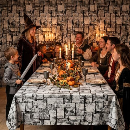 100FT x 54IN Stone Wall Plastic Tablecloth Roll with Slide Cutter Box | Heavy Duty Disposable Table Cover & Wall Backdrop, Cut-to-size for Medieval Party, Community, BBQ & Holiday Events - color: Deep Gray, size: 1200" x 54" (Rectangular)