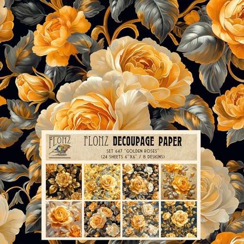 Decoupage Paper Pack (24 Sheets 6"x6") Golden Roses: Opulent Vintage-Inspired Rose Arrangements in Deep Gold and Metallic Accents on Luxurious Black Backgrounds. # FLONZ Vintage Craft - color: Fiftyfour