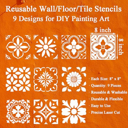 9PCS Reusable Tile Stencils 8x8 Inch - Spanish Talavera & Mandala Painting Templates for Floors, Walls, Furniture DIY Home Decor - Wall Floor Stencils Set