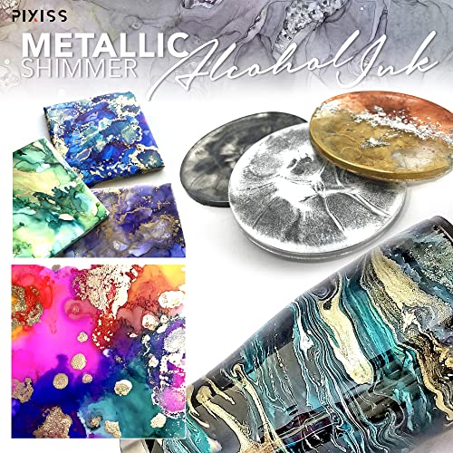Metallic Alcohol Ink Set, Gold, Silver, Gunmetal, Copper, Pearl, Metallic Mixatives with Extreme Shimmer for Alcohol Ink Paper, Large 0.5 Ounce Inks - color: Metallics