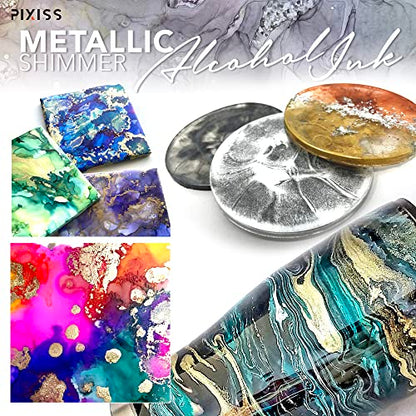 Metallic Alcohol Ink Set, Gold, Silver, Gunmetal, Copper, Pearl, Metallic Mixatives with Extreme Shimmer for Alcohol Ink Paper, Large 0.5 Ounce Inks - color: Metallics