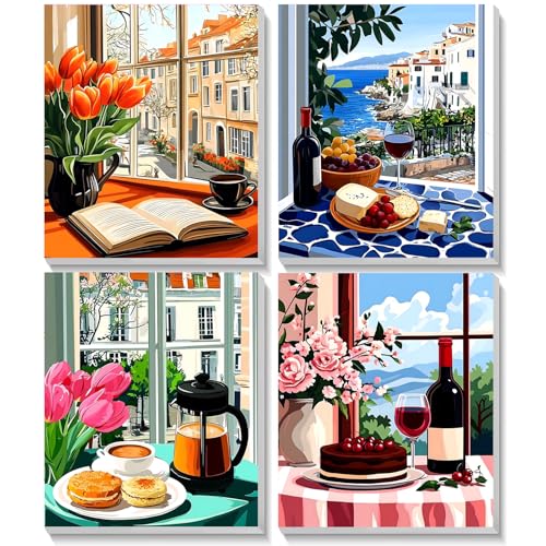 TOSTOG Coastal Breakfast Scenes 4 Pack Framed Canvas Paint by Numbers Art Kit for Adults and Kids, Beginner Acrylic Oil Painting Supplies with Wooden Frame for Home Wall Decor 20 * 25 cm/8 * 10 in - color: Coastal Breakfast Scenes