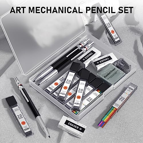 Four Candies 3PCS 2MM Mechanical Pencils with case, Artist Led Pencil Metal Lead Holder with 120 Graphite Lead Refills(HB 2H 2B 4B Color), 4 Erasers, Sharpener, Drafting Pencil for Drawing, Sketching - size: 17 Piece Set