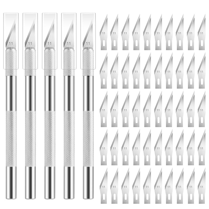 5PCS Craft Knife Hobby Knife Includes 50PCS Spare Exacto Knife Blades #11, HEADLEY TOOLS Precision Exacto Knife Set Ideal for Crafting, Scrapbooking, Arts, DIY, Stencil, Carving - color: Silver
