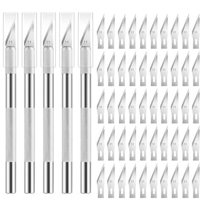 5PCS Craft Knife Hobby Knife Includes 50PCS Spare Exacto Knife Blades #11, HEADLEY TOOLS Precision Exacto Knife Set Ideal for Crafting, Scrapbooking, Arts, DIY, Stencil, Carving - color: Silver