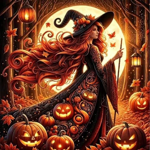 LWZAYS Halloween Witch Diamond Art Kits for Adults, Pumpkin 5D Diamond Painting Kits for Beginner, DIY Full Round Gem Crystal Art Paint by Diamond for Home Wall Decor 14x 14 inch - color: JX0499-US
