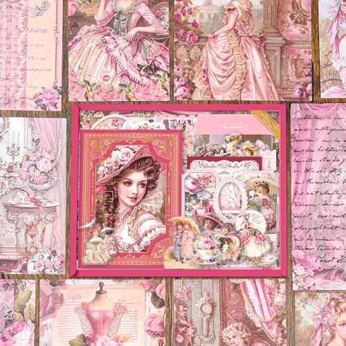 Scrapbooking Supplies Kit, Vintage Junk Journal Supplies,Cute Scrapbook Kit | Stationary Set with Aesthetic Ephemera Sticker, Bullet Journaling Kit, Collage Craft Supplies Gift for Adult Women Starter - color: Regal Blush Romantic