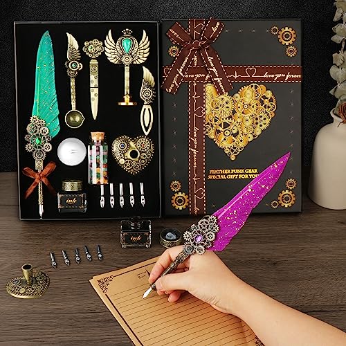 Aifeiter Quill Pen Ink Set, Feather Calligraphy Pen, Wax Seal Stamp, Beautiful Gift Calligraphy Set, Christmas Gifts - Green - color: White