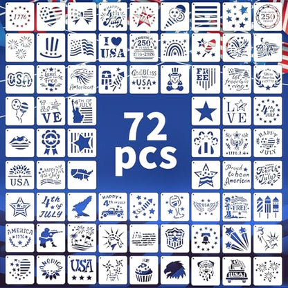 72 PCS 3x3 Inch Independence Day Stencils for Painting - Reusable USA Flag Patriotic Painting Templates, Red White and Blue Party Supplies for 4th of July Memorial Day Painting Stencil - style: 72 PCS Independence Day