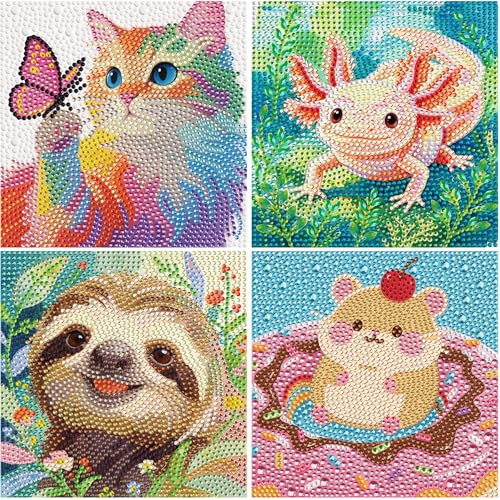 Libfx Diamond Art Kits for Kids 4 PCS Diamond Art for Girls Boys Beginners Arts and Crafts for Kids(Sloth Axolotl Hamster Cat) - color: colorful-11
