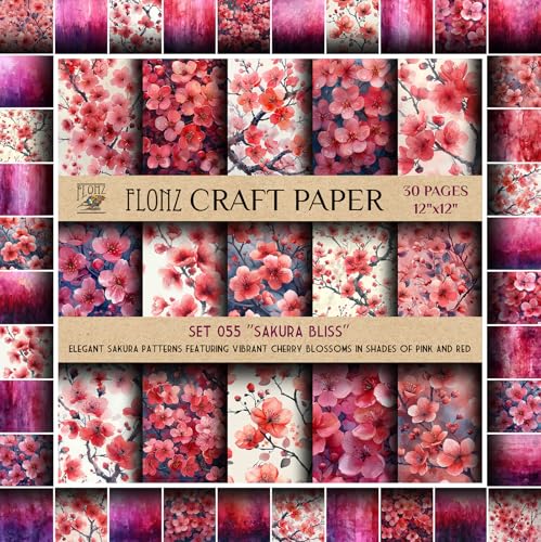 Scrapbook Paper (30 Pages 12"x12") Sakura Bliss: Elegant Sakura Patterns Featuring Vibrant Cherry Blossoms in Shades of Pink and Red FLONZ Vintage Styled Double Sided Paper Pad for Craft Cardmaking