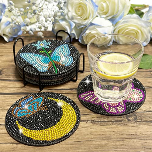 Vcekract 6 Pcs Butterfly Diamond Art Coasters Kit for Adults | Diamond Painting Coasters with Holder & Protective Backing, Diamond Art Adult Crafts for Table Home Decoration - color: Butterfly Coasters