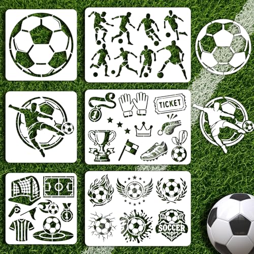INFUNLY 6Pcs Soccer Painting Stencil for Wall Reusable Wall Stencils Football Action Walls Template for Painting 7.87x7.87, 8.27x11.69 Trophies Templates for Crafts Cement Wood Furniture Home Decor - style: 6PCS Soccer