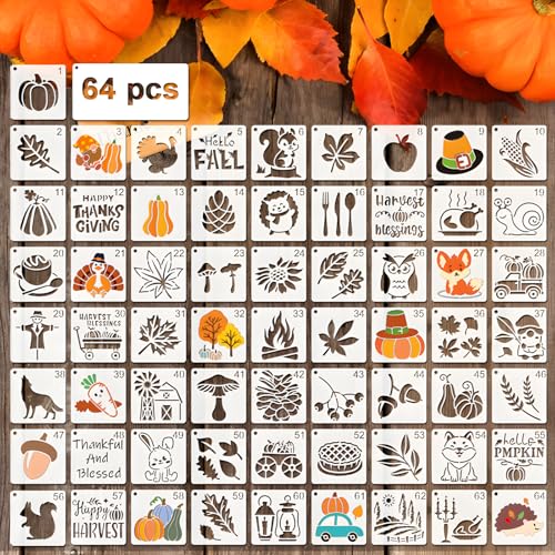 Fall Stencils for Painting, 64 Pcs 3" Templates for Cards Gift Tags | Reusable & Easy to Clean, Harvest & Autumn Icons, Party Favor Bags, Classroom Projects, Scrapbooks, Beginner Friendly - color: Autumn