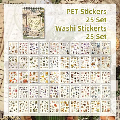 Uideyvi Morning Series Sticker Scrapbooking Supplies for Junk Journal, 25 Sheets Washi Stickers and 25 Sheets PET Stickers(TZ-010-002) - color: Morning Series