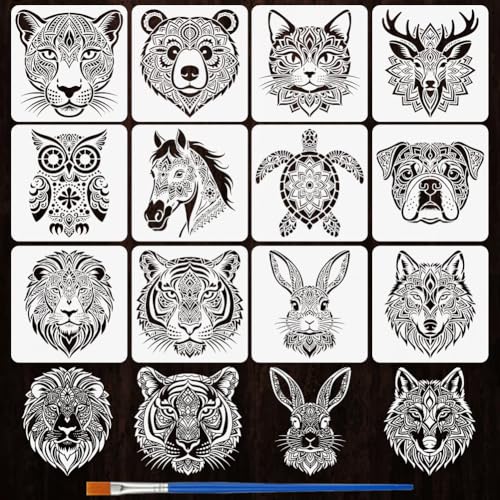 FINGERINSPIRE 12 Styles Mandala Texture Animal Stencils with a Brush 11.8x11.8inch Tiger Bear Owl Tiger Bear Owl Horse Leopard Deer Dog Turtle Lion Wolf Rabbit Painting Stencil Animal Theme Template