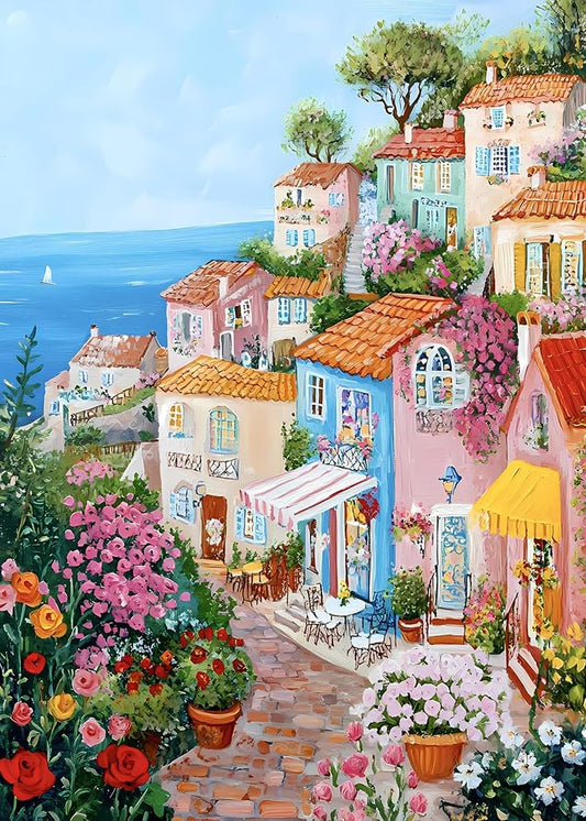 The Flower Town by the Sea Diamond Art Kits for Adults, Diamond Painting Kit for Beginners, Round 5D DIY Diamond Dots art,Full Drill Painting Kit Art and Crafts for Adults Home Wall Decor11.8x15.7inch - color: JW-113