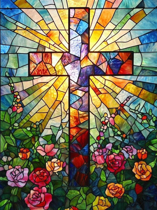 RYMILIE Diamond Art Kits for Adults Stained Glass Cross12x16inch | 5D Stress Relief Diamond Painting Kit for Beginners, DIY Full Round Drill Gem Art Crafts for Home Wall Decor Gift - color: DP03880
