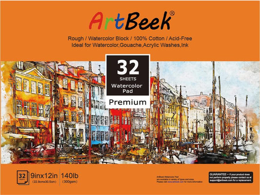 ArtBeek Watercolor Paper Block,9" x 12" Watercolor Block 32 Sheets 100% Cotton Rough 140lb/300GSM - size: Rough 9x12