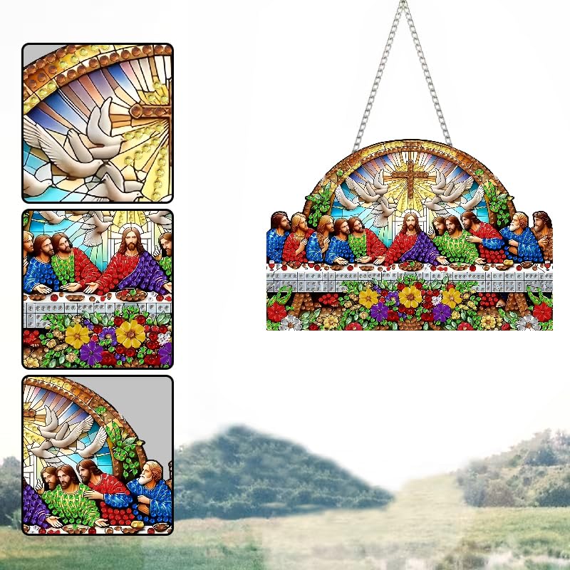 STGLCR Religious Diamond Art Hanging Kit for Adult The Last Supper,Special Shaped DIY Acrylic Jesus Christ Cross Diamond Art Painting Window Pendants Home Garden Wall Hanging Kits Hanging Ornament - color: The Last Supper flower