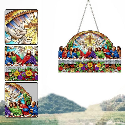 STGLCR Religious Diamond Art Hanging Kit for Adult The Last Supper,Special Shaped DIY Acrylic Jesus Christ Cross Diamond Art Painting Window Pendants Home Garden Wall Hanging Kits Hanging Ornament - color: The Last Supper flower