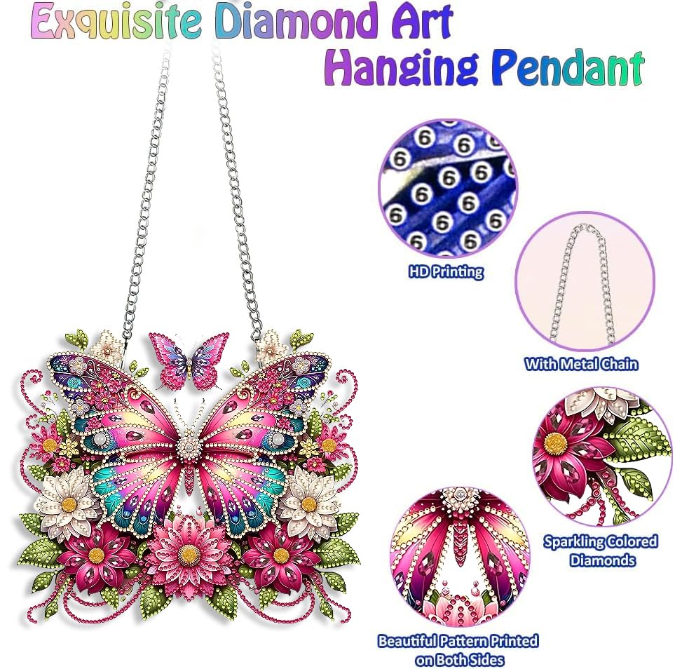 LPDJITO Butterflies DIY Hanging Diamond Art Pendant Kit Flowers Butterflies, Special Crystal Diamonds Painting Ornament for Adults, 5D Diamond Art Suncatchers Double Sided Board Gem Painting Kit - color: Color-12