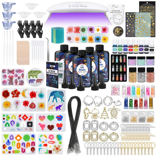 KISREL UV Resin Jewelry Making Kit - 500g Crystal Clear UV Resin, Large Light with 22 Beads and Jewelry Molds, Fast Curing for Keychains, Earring Making, DIY Craft Decorations - size: 500g