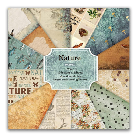 Vintage 6x6 Inch Scrapbook Paper Pad, Single-Sided 12 Unique Nature Designs, Ideal for DIY Crafting, Card Making and Journaling - 24 Sheets - color: 6x6 Nature