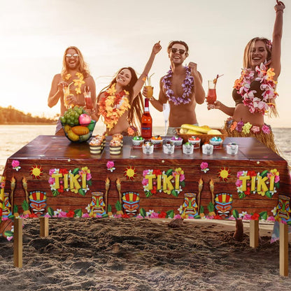 Frienda 6 Pcs Tiki Tablecloth Luau Table Cover Hawaiian Decor, Retro Style | Disposable for Luau Beach Party Decor, Tiki Totem Mask Print, Easy Cleanup Plastic Cover for Aloha Tropical Themed Events - style: Retro
