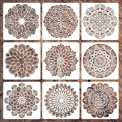 9 Pack 12x12 Inch Mandala Stencil Templates - Reusable Circular Art Stencils for Wall Painting, Canvas, Spray Art & DIY Craft Projects