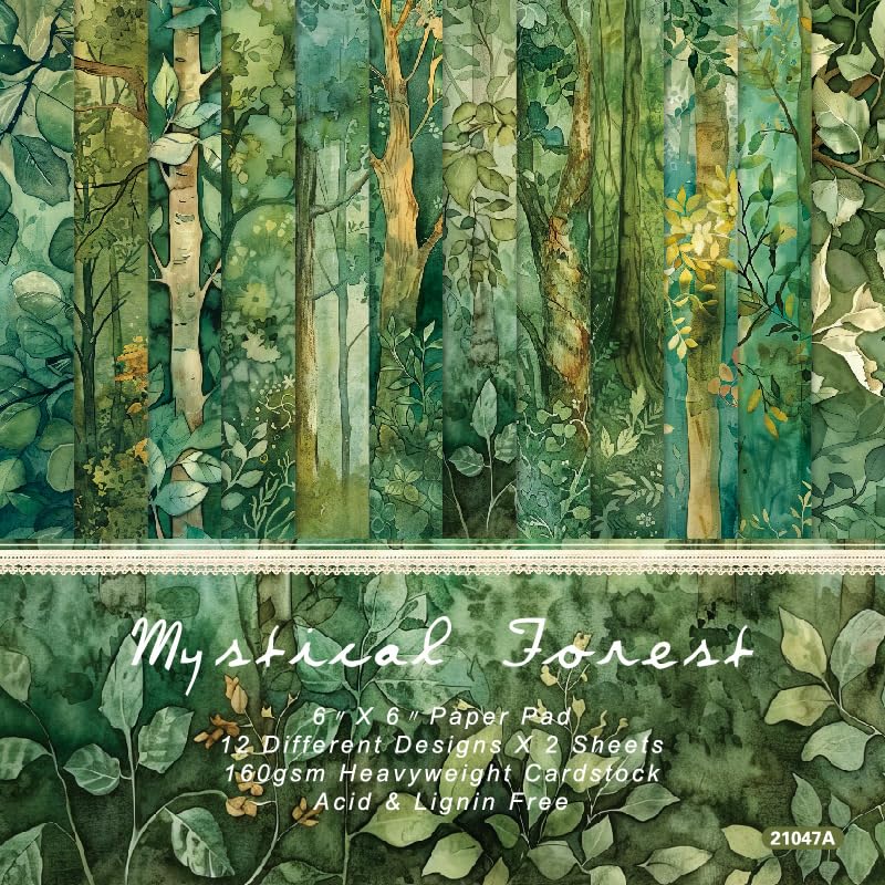 6x6 Scrapbook Paper Pad, Mystical Forest Botanical Designs, 24 Single-Sided Sheets (12 Designs, 2 Each), 160gsm Acid-Free Paper for Card Making, Scrapbooking & Journaling - color: 6x6 Forest Green