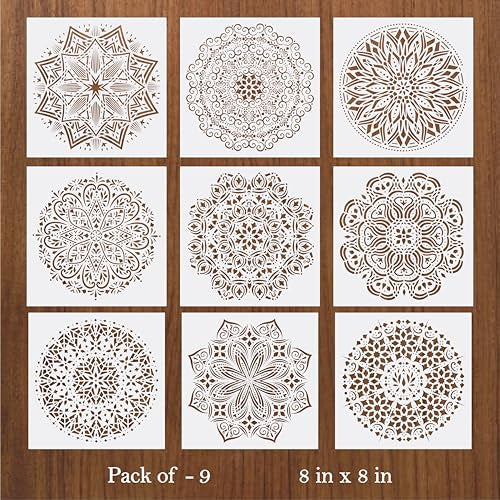 UNbox that Feelings Mandala Stencil Set (Pack of 9) – 8x8 Inch Reusable Mylar Stencils for Painting on Wood, Wall, Fabric, Furniture, Canvas & DIY Crafts Medium White